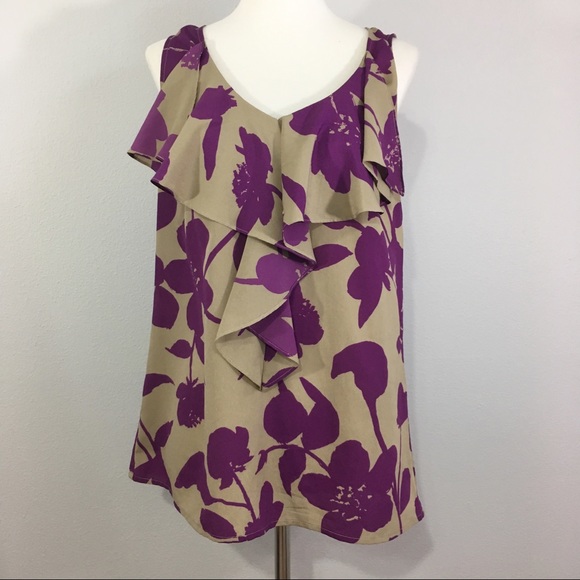 LOFT Tops - Ann Taylor LOFT Floral Purple Tan Ruffle Front Top
